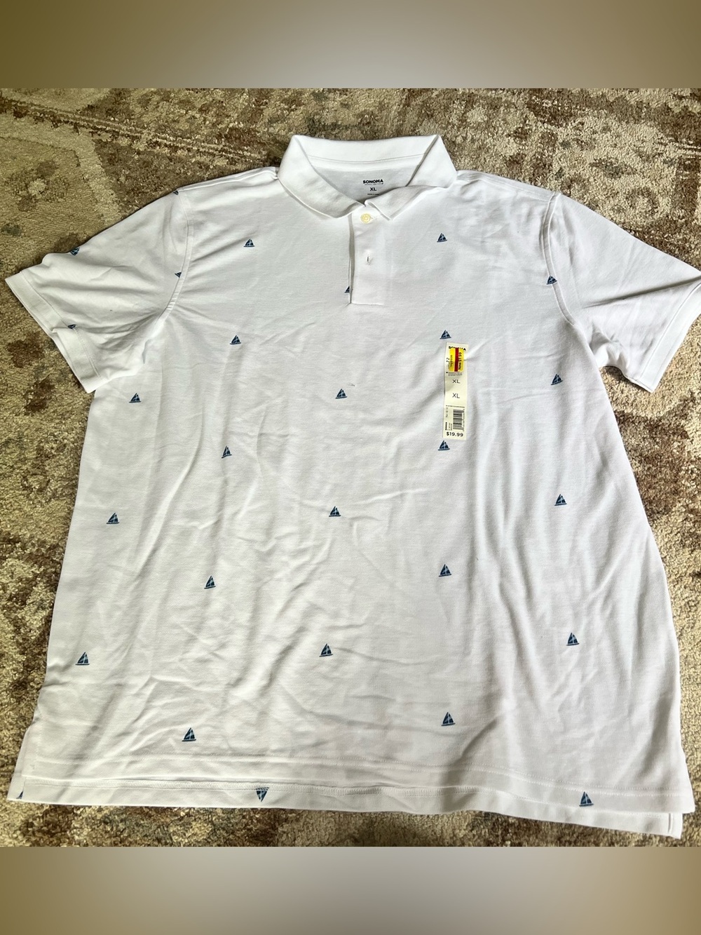 White Polo Shirt with Navy Sailboat Print